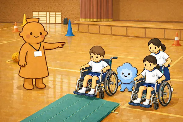 ひたちなか市ボランティアスクール　小学生の車椅子体験学習イメージ