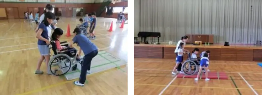 ひたちなか市　福祉教育校のプログラムとして、車椅子体験学習をする小学生たちの様子