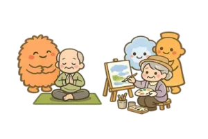 ひたちなか市　高齢者いきいき講座　ヨガ、水彩画を楽しむ様子