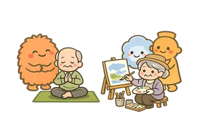 ひたちなか市　高齢者いきいき講座　ヨガ、水彩画を楽しむ様子