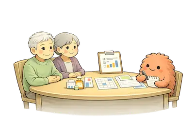 ひたちなか市高齢者相談事業について。高齢夫婦が社協スタッフに相談しているイメージ